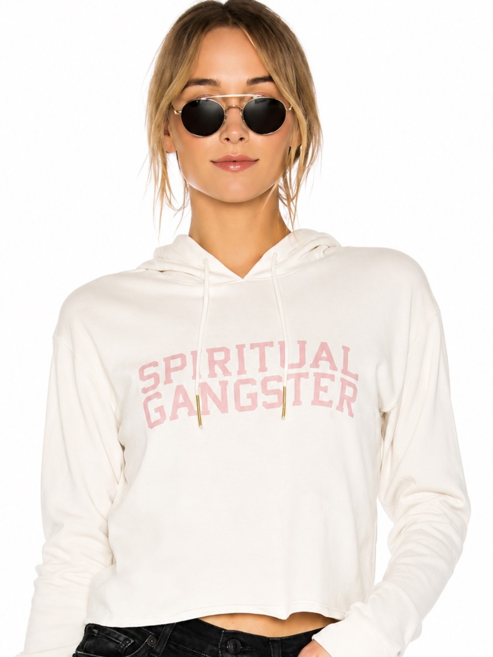 Spiritual Gangster Crop Hoodie Cream Pink Logo Size Small